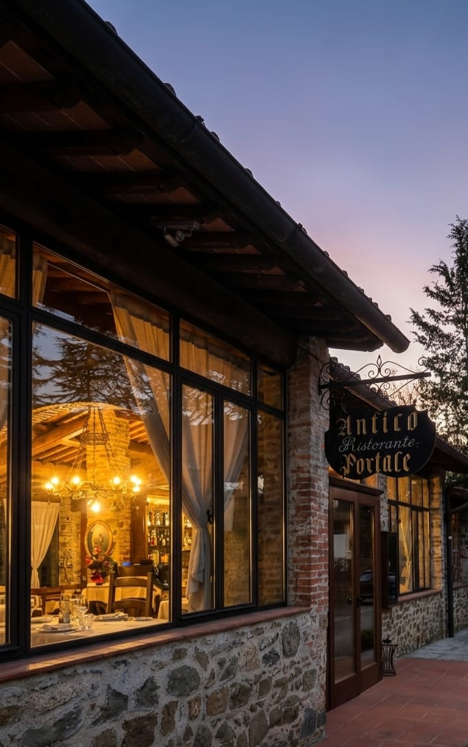 L'ingresso di Antico Portale al tramonto, ristorante di cucina toscana contemporanea nel Valdarno